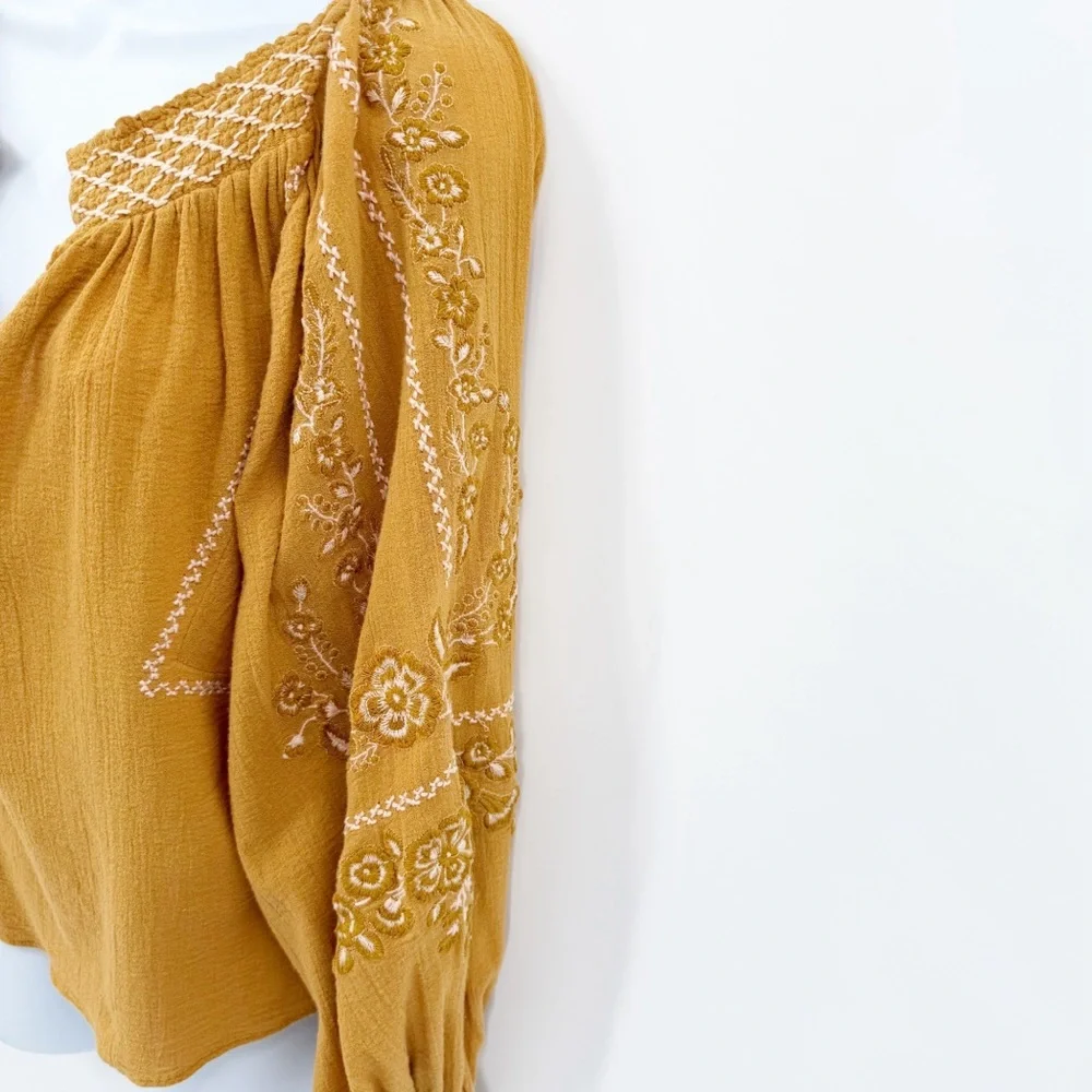Free People Notting Hill Top Mustard Yellow Embroidered Boho Peasant Top Sz XS